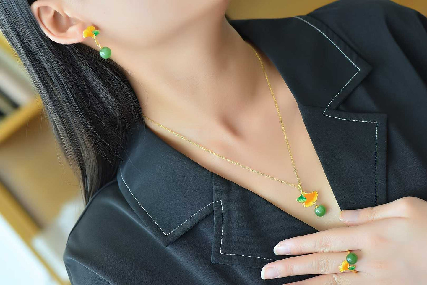 S925 Silver Inlaid Nephrite Green Jade "Apricot Blossoms for You" Jewelry Set - jewelry - weilin.com
