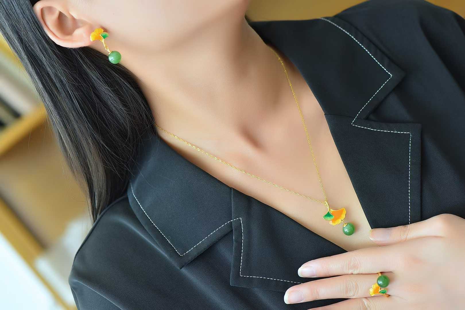 S925 Silver Inlaid Nephrite Green Jade "Apricot Blossoms for You" Jewelry Set - jewelry - weilin.com