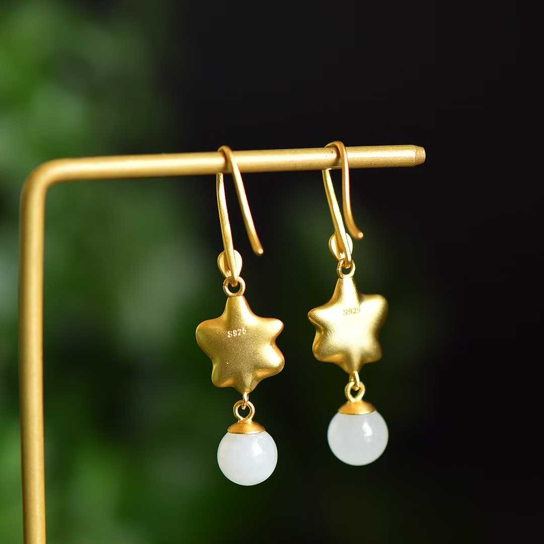 S925 Silver Inlaid Nephrite "Guose (National Beauty) & Family Reunion" Earrings - jewelry - weilin.com