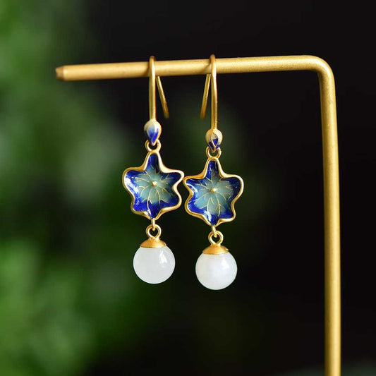 S925 Silver Inlaid Nephrite "Guose (National Beauty) & Family Reunion" Earrings - jewelry - weilin.com