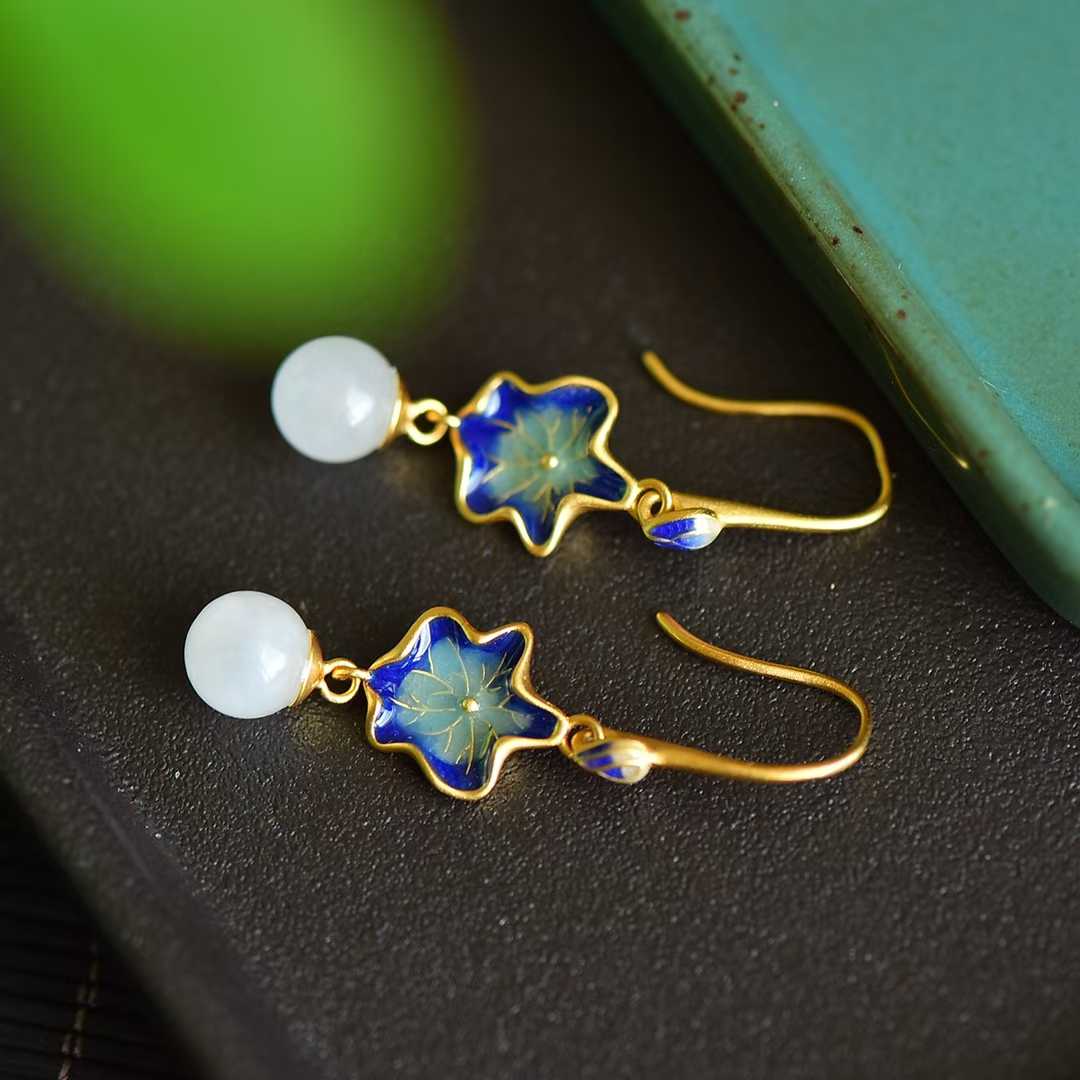 S925 Silver Inlaid Nephrite "Guose (National Beauty) & Family Reunion" Earrings - jewelry - weilin.com