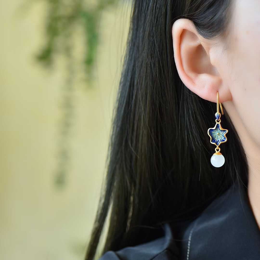 S925 Silver Inlaid Nephrite "Guose (National Beauty) & Family Reunion" Earrings - jewelry - weilin.com