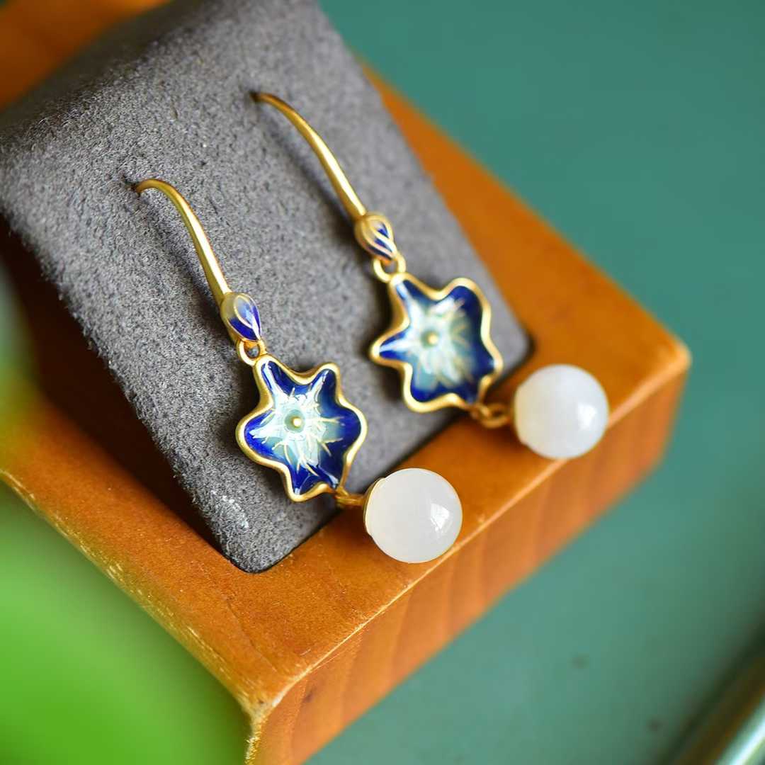 S925 Silver Inlaid Nephrite "Guose (National Beauty) & Family Reunion" Earrings - jewelry - weilin.com