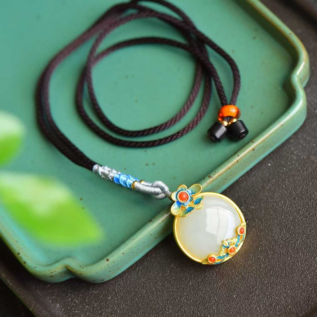 S925 Silver Inlaid Nephrite "Morning Flowers Collected at Dusk" Sweater Chain - jewelry - weilin.com