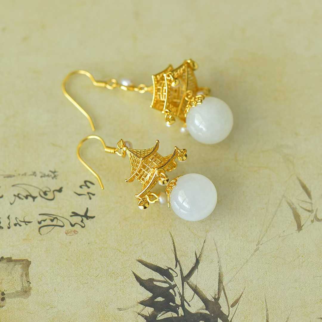 S925 Silver Inlaid Nephrite "Palace of Jade" Palace Lantern Earrings - jewelry - weilin.com