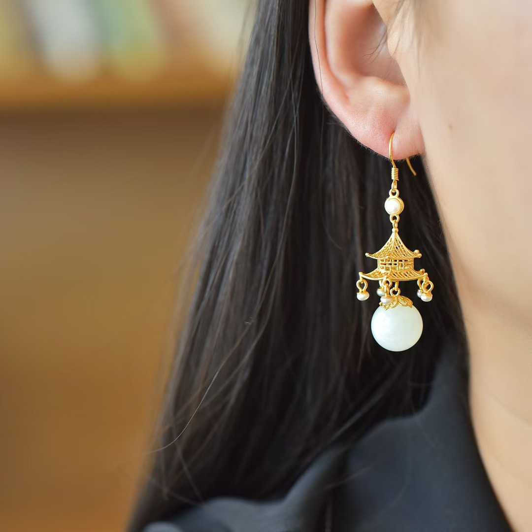 S925 Silver Inlaid Nephrite "Palace of Jade" Palace Lantern Earrings - jewelry - weilin.com