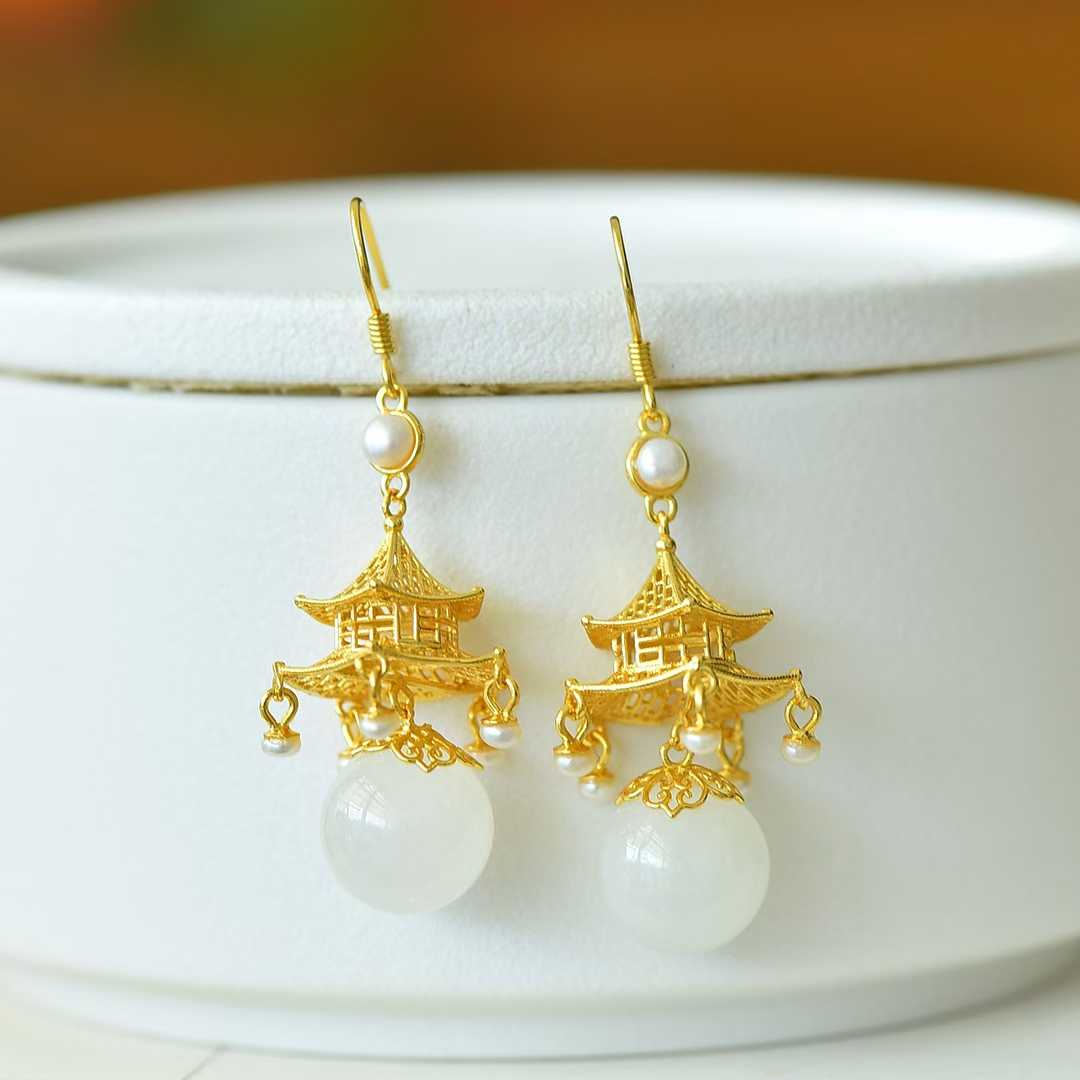 S925 Silver Inlaid Nephrite "Palace of Jade" Palace Lantern Earrings - jewelry - weilin.com