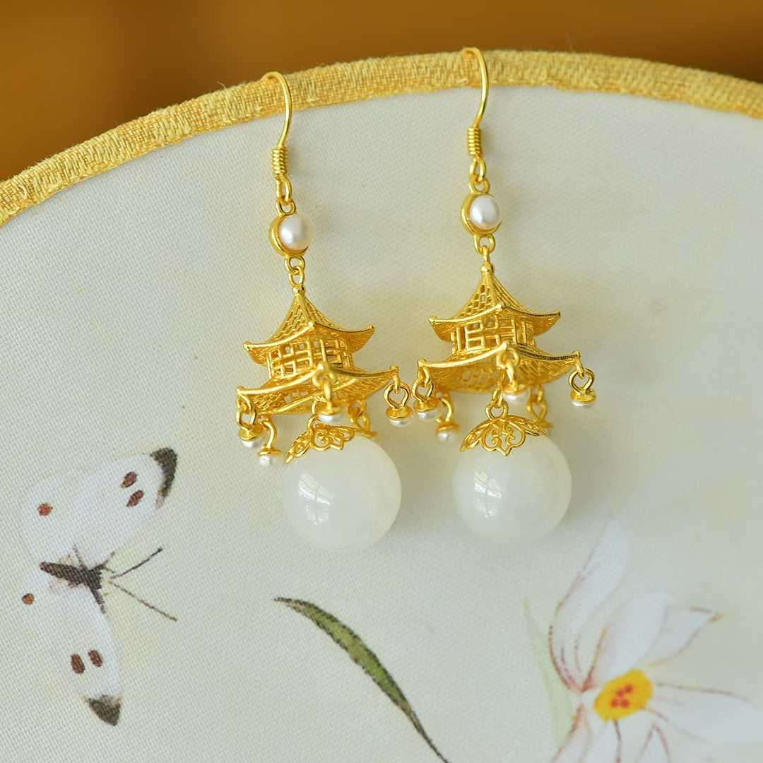 S925 Silver Inlaid Nephrite "Palace of Jade" Palace Lantern Earrings - jewelry - weilin.com