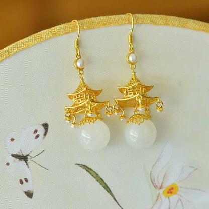 S925 Silver Inlaid Nephrite "Palace of Jade" Palace Lantern Earrings - jewelry - weilin.com