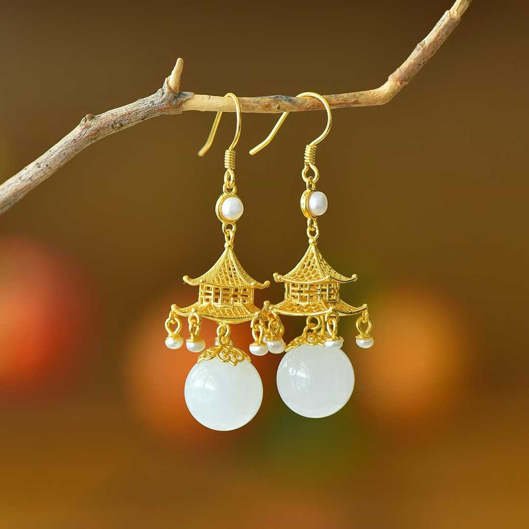 S925 Silver Inlaid Nephrite "Palace of Jade" Palace Lantern Earrings - jewelry - weilin.com