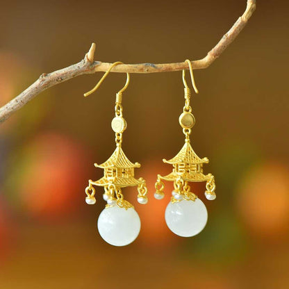 S925 Silver Inlaid Nephrite "Palace of Jade" Palace Lantern Earrings - jewelry - weilin.com