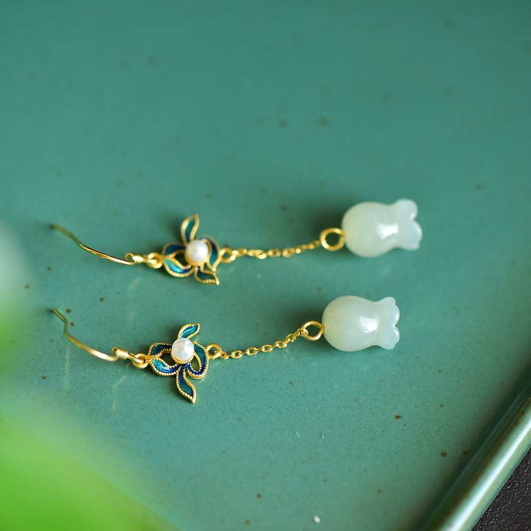 S925 Silver Inlaid Nephrite Wind Chime Flower Earrings - jewelry - weilin.com