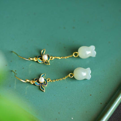 S925 Silver Inlaid Nephrite Wind Chime Flower Earrings - jewelry - weilin.com