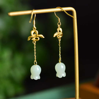S925 Silver Inlaid Nephrite Wind Chime Flower Earrings - jewelry - weilin.com