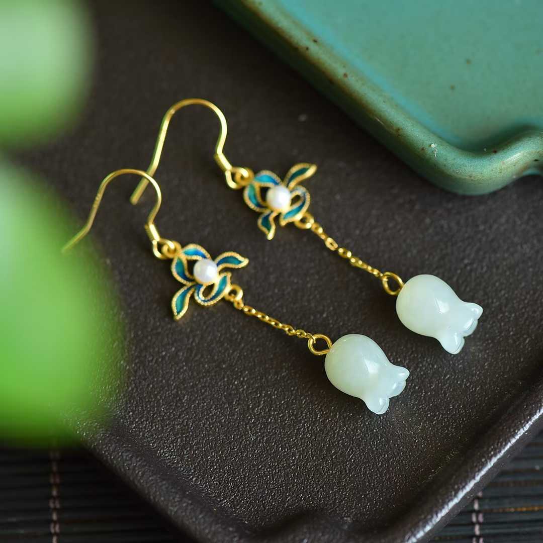 S925 Silver Inlaid Nephrite Wind Chime Flower Earrings - jewelry - weilin.com