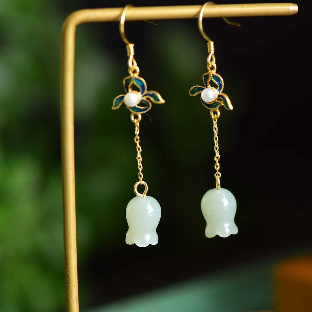 S925 Silver Inlaid Nephrite Wind Chime Flower Earrings - jewelry - weilin.com