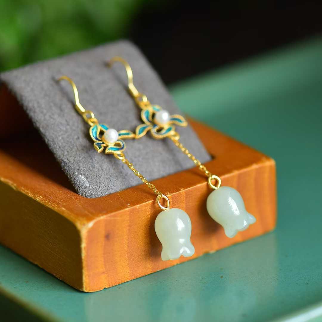 S925 Silver Inlaid Nephrite Wind Chime Flower Earrings - jewelry - weilin.com
