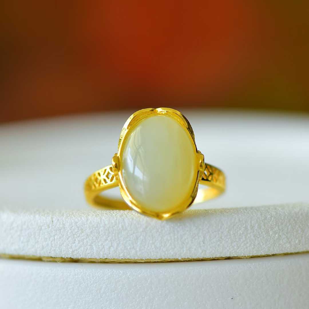 S925 Silver Inlaid Nephrite "Zhao Cai Jin Bao An Kang" Ring - jewelry - weilin.com