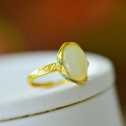 S925 Silver Inlaid Nephrite "Zhao Cai Jin Bao An Kang" Ring - jewelry - weilin.com
