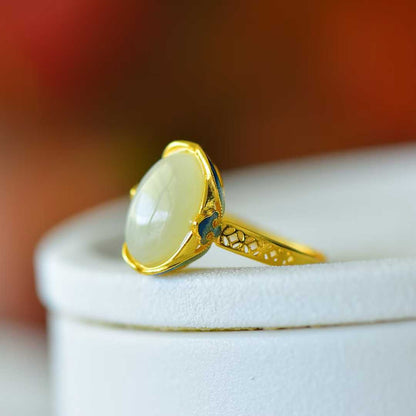 S925 Silver Inlaid Nephrite "Zhao Cai Jin Bao An Kang" Ring - jewelry - weilin.com