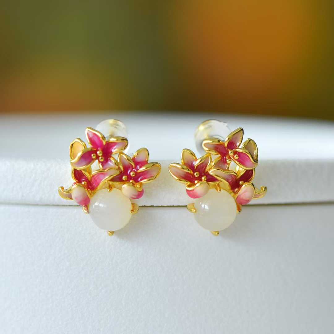 S925 Sterling Silver Hetian Jade Round Lily Flower Jewelry Set - Jewelry Weilin