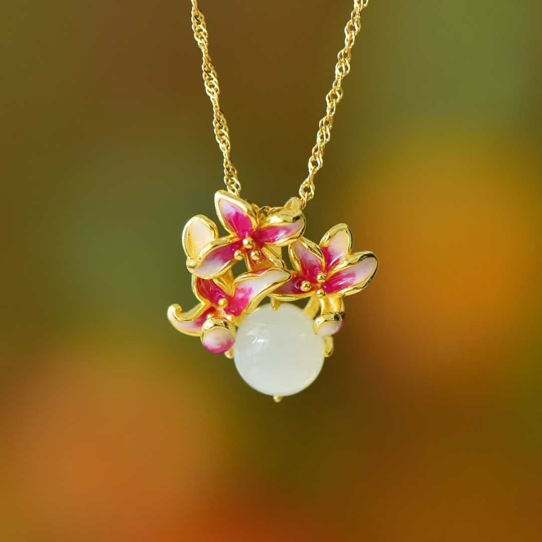 S925 Sterling Silver Hetian Jade Round Lily Flower Jewelry Set - Jewelry Weilin