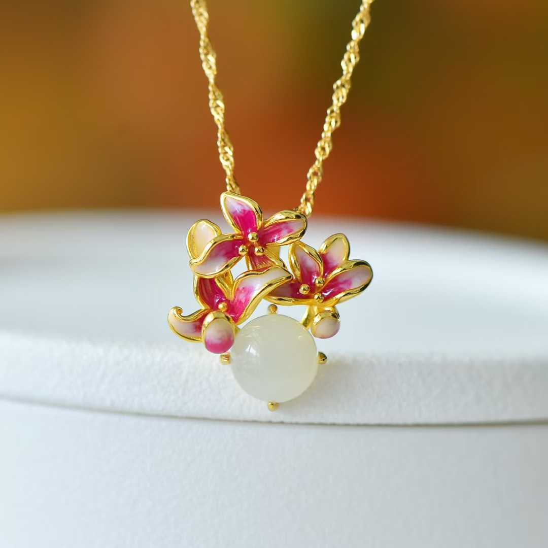 S925 Sterling Silver Hetian Jade Round Lily Flower Jewelry Set - Jewelry Weilin