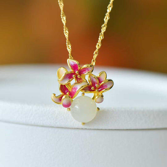 S925 Sterling Silver Hetian Jade Round Lily Flower Jewelry Set - Jewelry Weilin