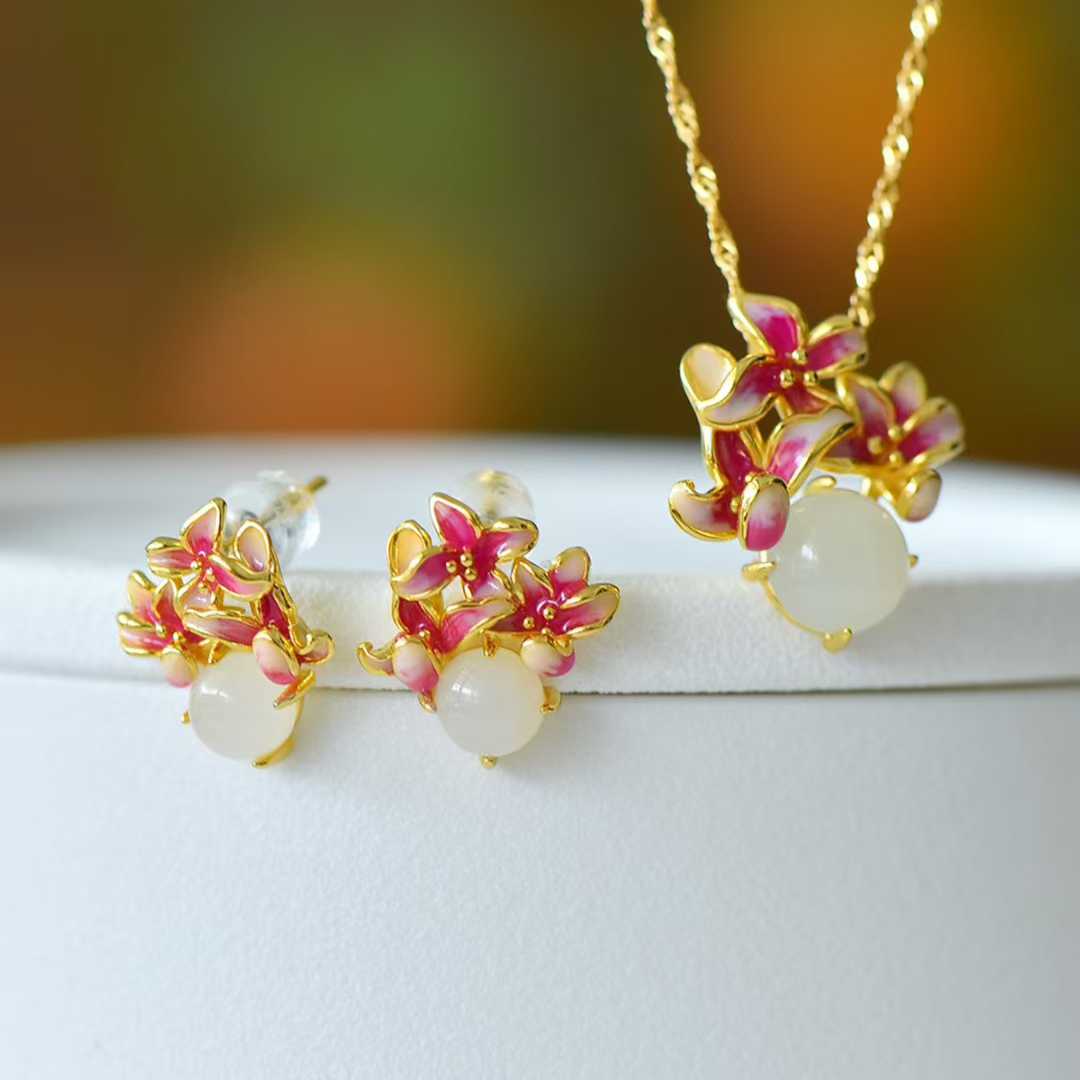 S925 Sterling Silver Hetian Jade Round Lily Flower Jewelry Set - Jewelry Weilin