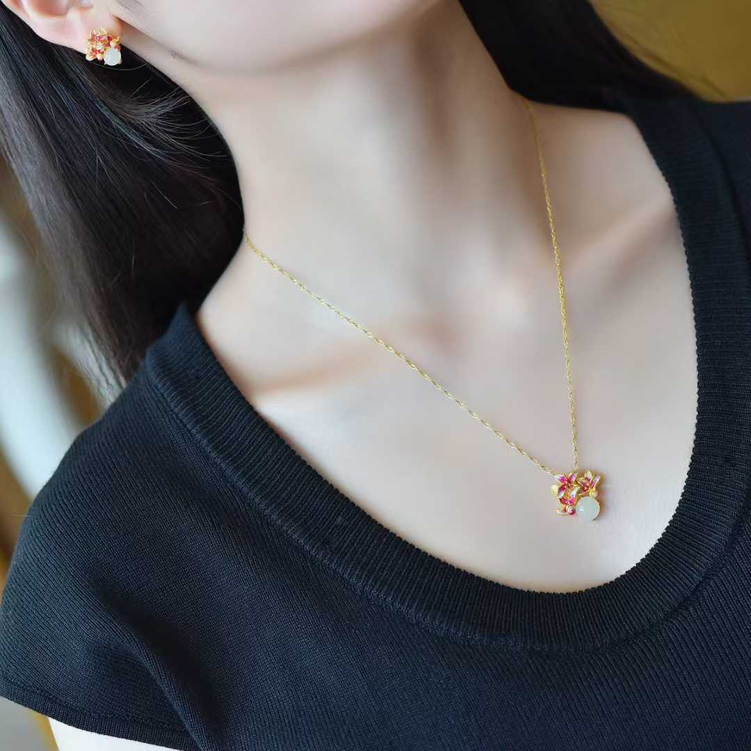 S925 Sterling Silver Hetian Jade Round Lily Flower Jewelry Set - Jewelry Weilin