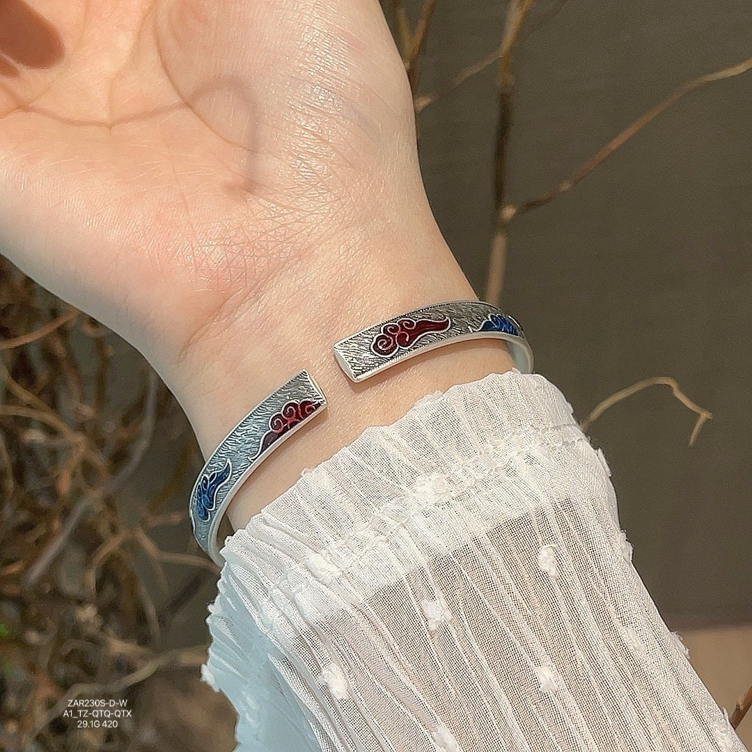 Sandy old enamel auspicious cloud sterling silver bracelet - jewelry - weilin.com