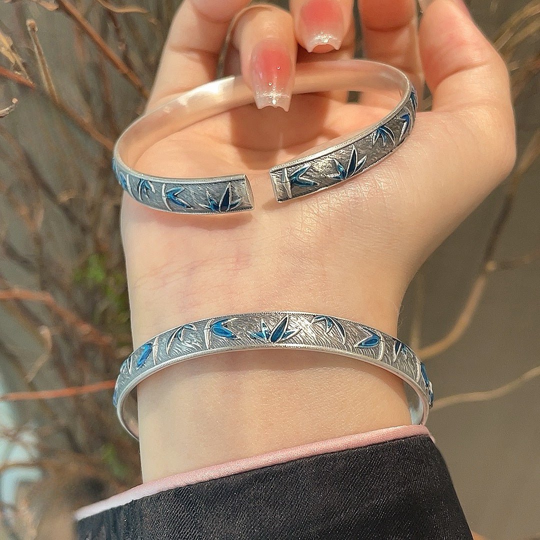 Sandy old enamel bamboo leaf sterling silver bracelet - jewelry - weilin.com