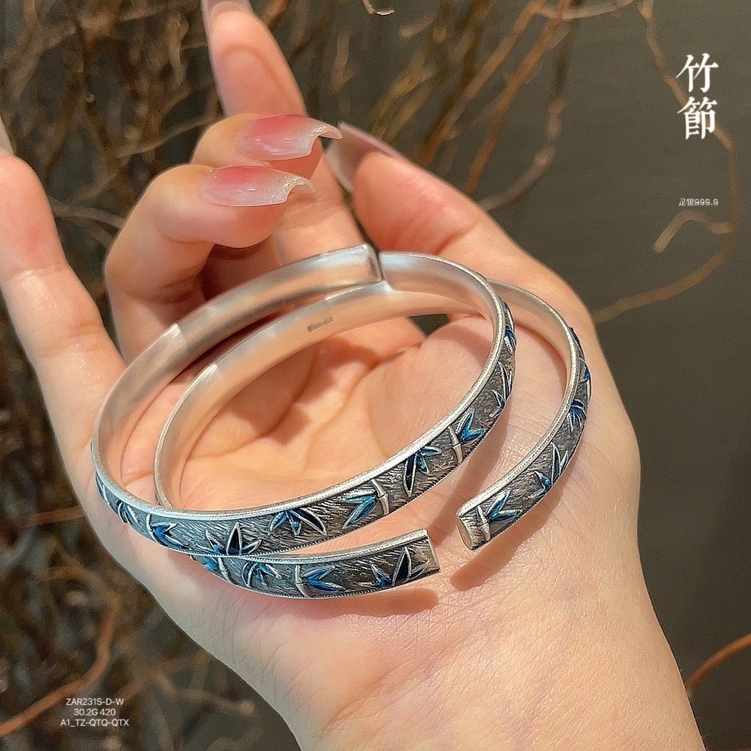 Sandy old enamel bamboo leaf sterling silver bracelet - jewelry - weilin.com