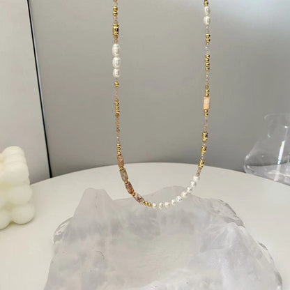 Simple colorful natural stone freshwater pearl beaded necklace for women - jewelry - weilin.com