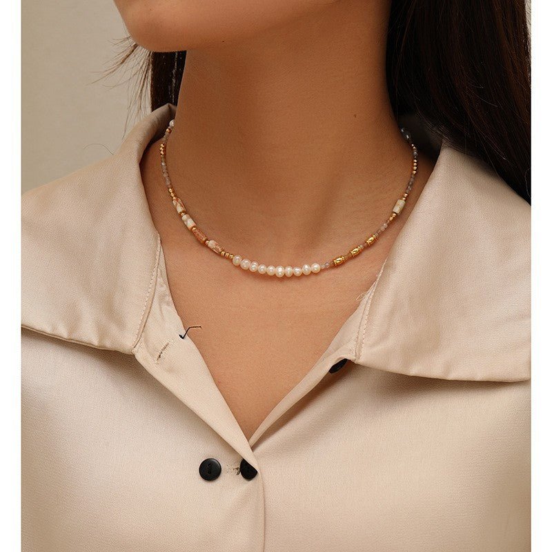 Simple colorful natural stone freshwater pearl beaded necklace for women - jewelry - weilin.com