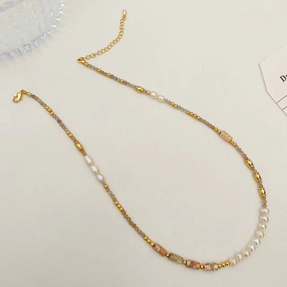 Simple colorful natural stone freshwater pearl beaded necklace for women - jewelry - weilin.com