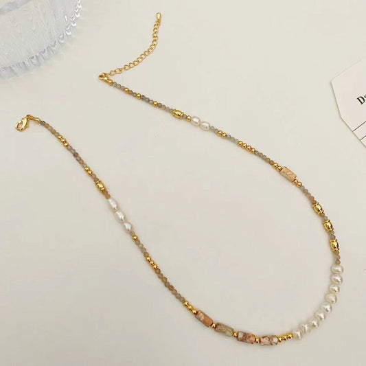 Simple colorful natural stone freshwater pearl beaded necklace for women - jewelry - weilin.com
