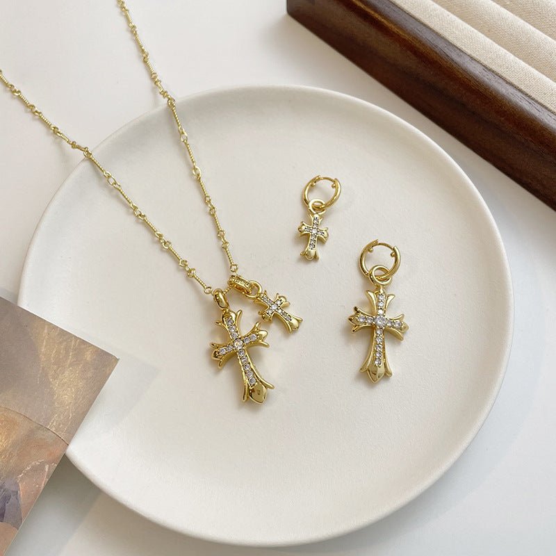 Simple personality retro zircon double cross women's necklace - jewelry - weilin.com