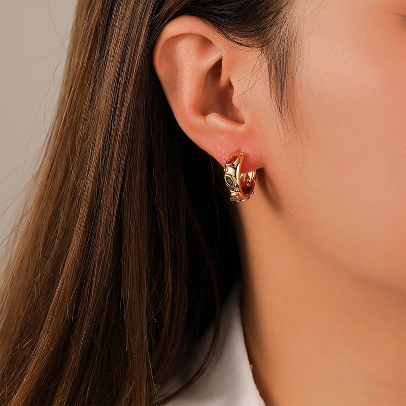 Simple retro personality colorful zircon leaf exquisite earrings - jewelry - weilin.com