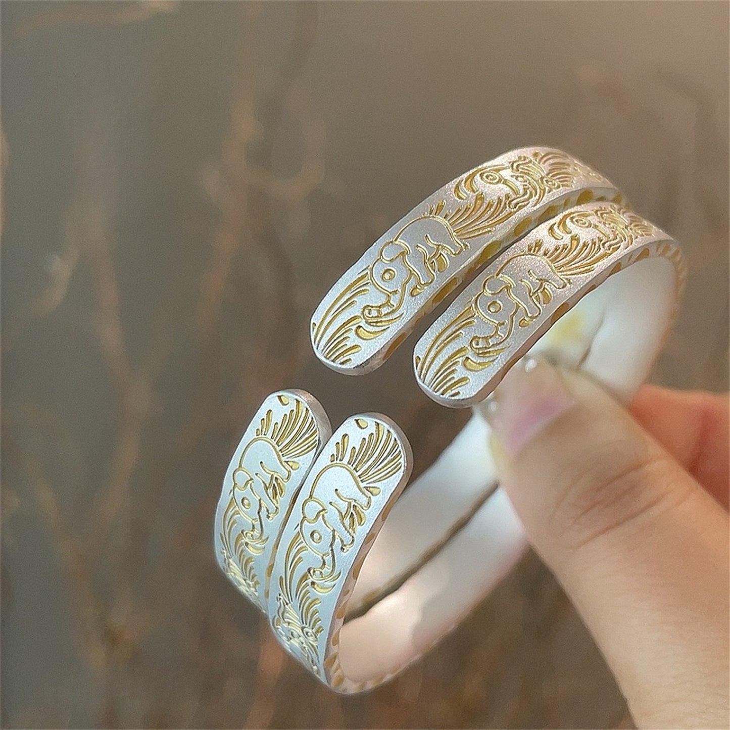 Solid bracelet with gold - painted lucky elephant and hammered pattern - jewelry - weilin.com
