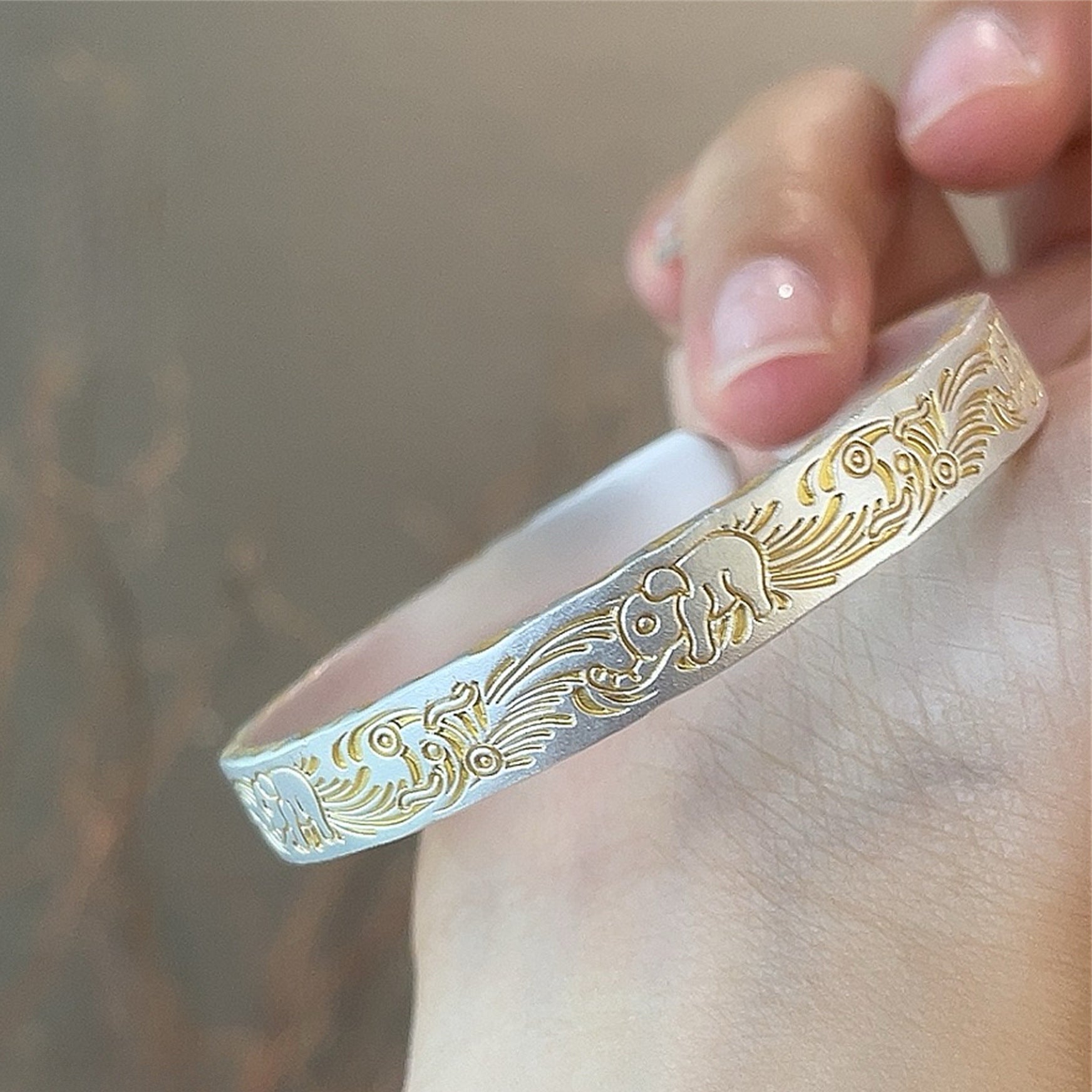 Solid bracelet with gold - painted lucky elephant and hammered pattern - jewelry - weilin.com