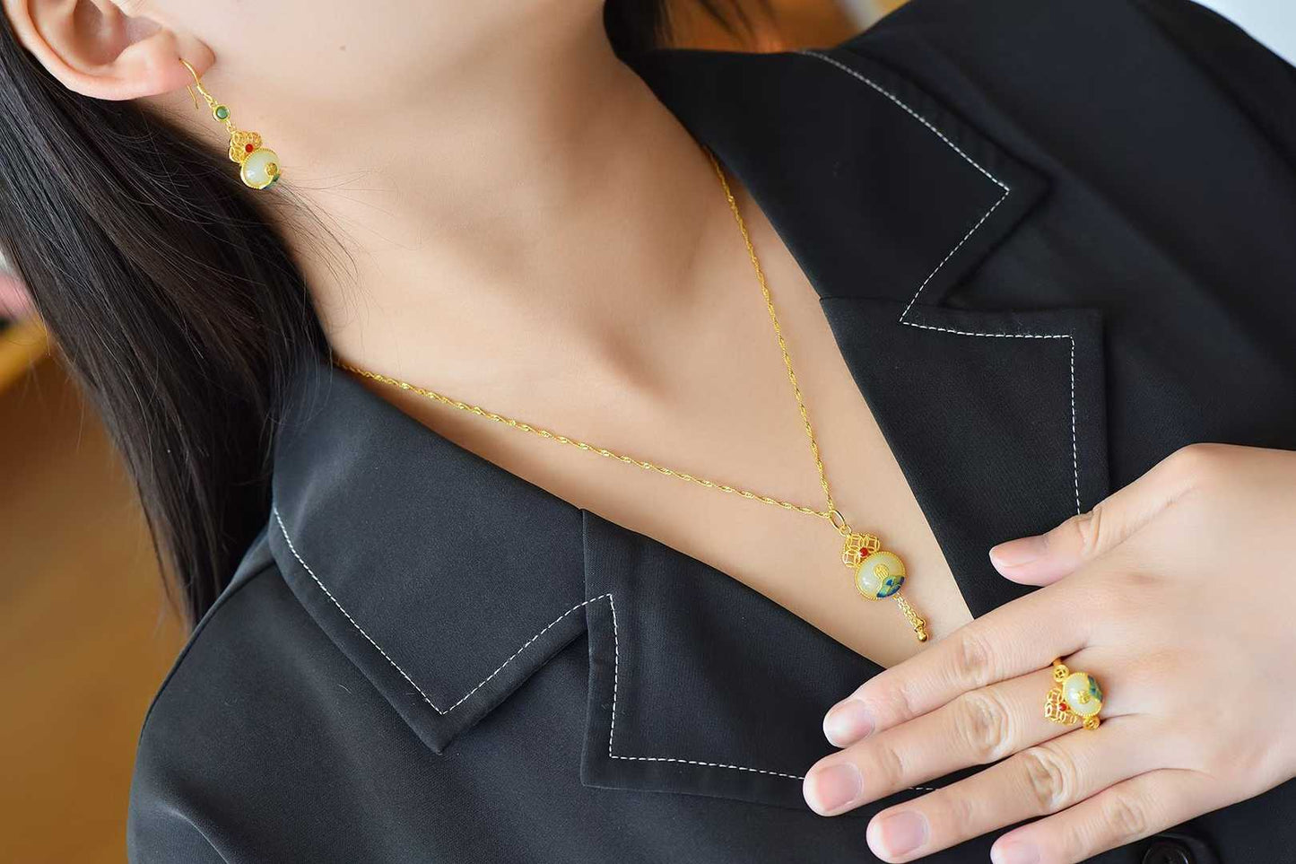 Traditional Handcrafted Silver Hetian Jade Continuous Fortune Gourd Set - Jewelry Weilin