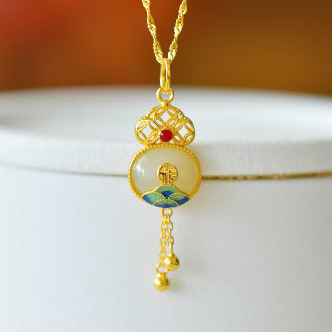 Traditional Handcrafted Silver Hetian Jade Continuous Fortune Gourd Set - Jewelry Weilin