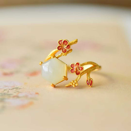 Traditional Handcrafted Silver Hetian Jade Enamel Plum Blossom Ring - Jewelry Weilin