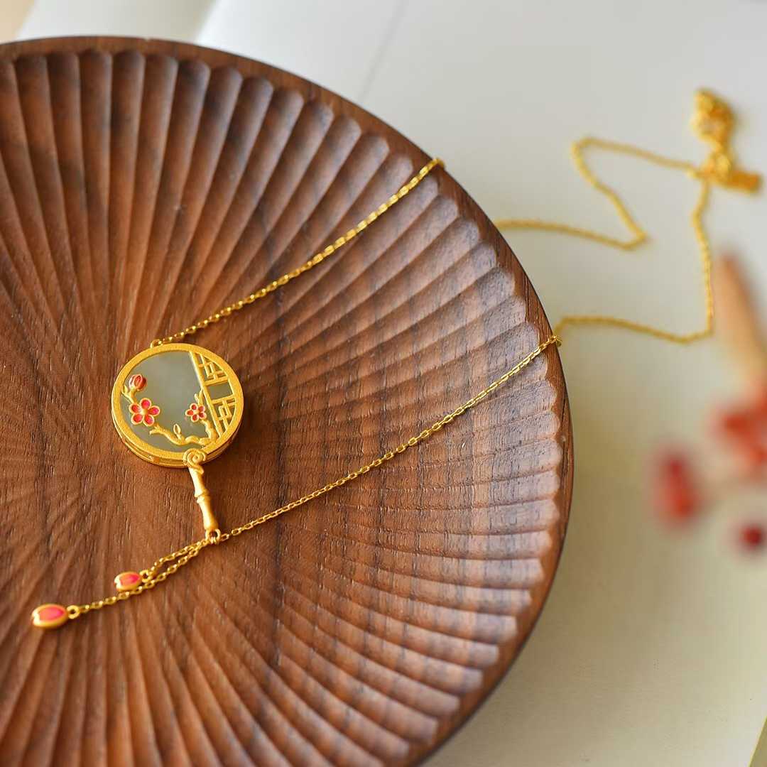 Traditional Handcrafted Silver Hetian Jade Flat Enamel Round Fan Pendant - Jewelry Weilin