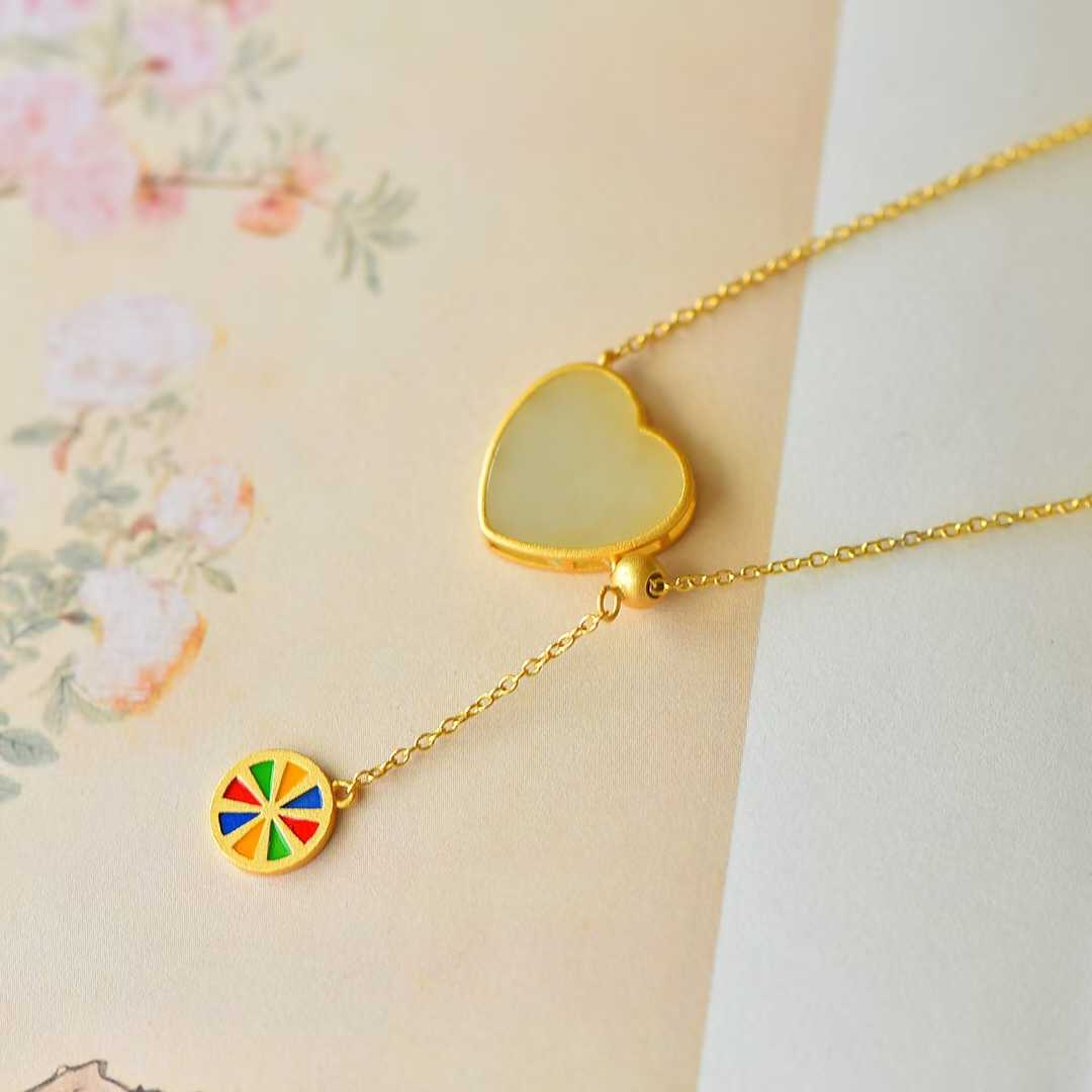 Traditional Handcrafted Silver Hetian Jade Flat Heart - Shaped Integrated Chain Pendant - Jewelry Weilin