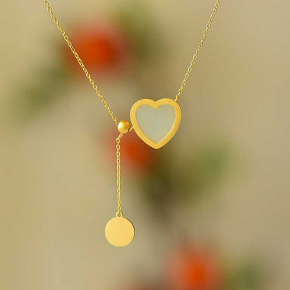 Traditional Handcrafted Silver Hetian Jade Flat Heart - Shaped Integrated Chain Pendant - Jewelry Weilin