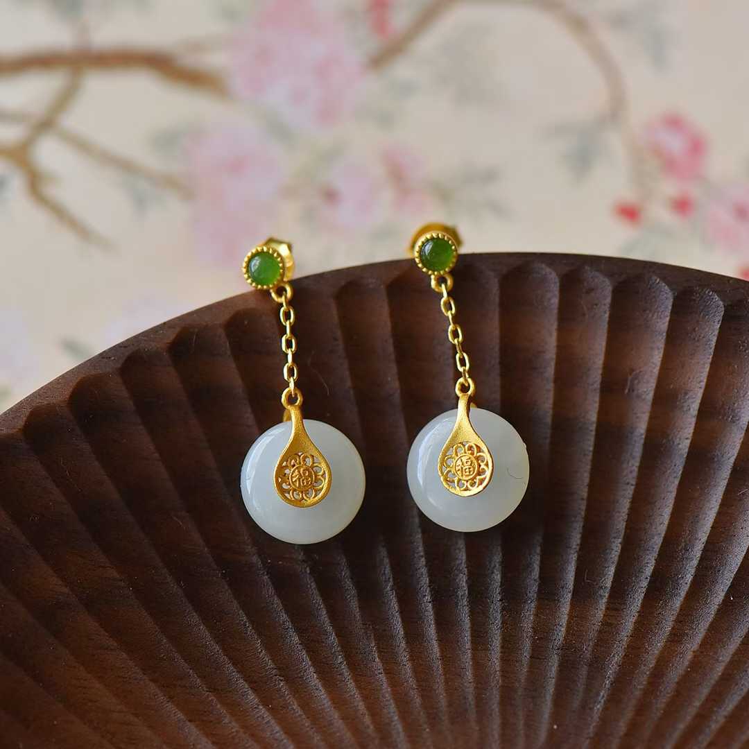 Traditional Silver - Inlaid Hetian Jade "Ping'an Kou" Three - Piece Set - jewelry - weilin.com
