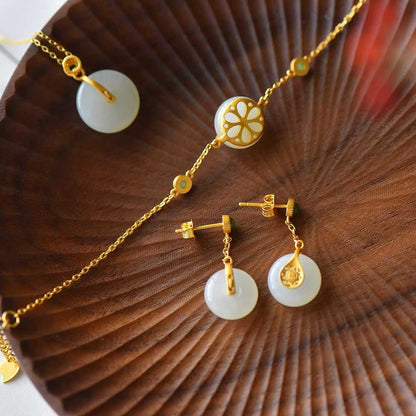 Traditional Silver - Inlaid Hetian Jade "Ping'an Kou" Three - Piece Set - jewelry - weilin.com