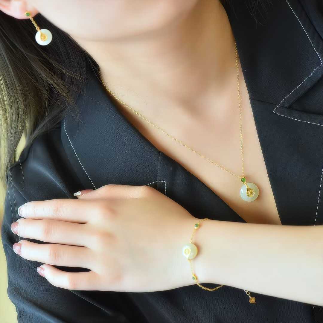 Traditional Silver - Inlaid Hetian Jade "Ping'an Kou" Three - Piece Set - jewelry - weilin.com